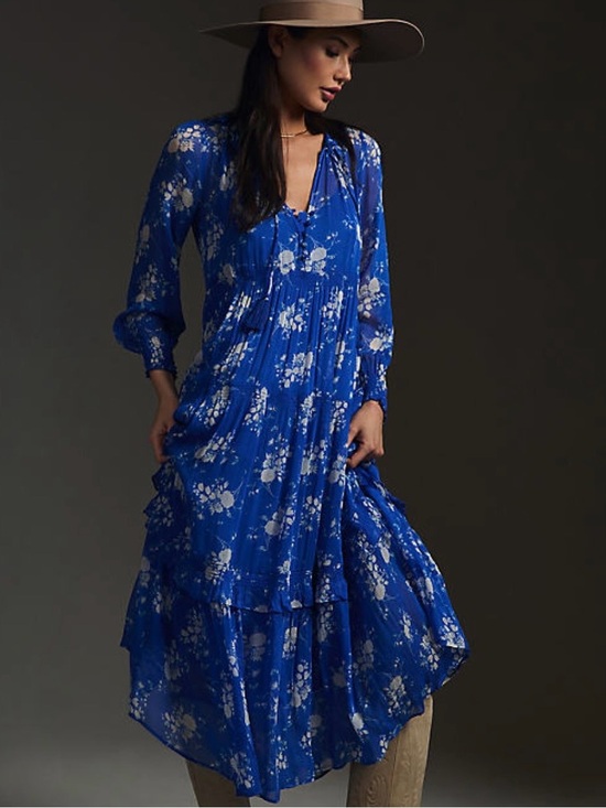 Anthropologie Dresses & Skirts - Anthropologie Blue Marais Printed Chiffon Maxi Dress • Size Medium
